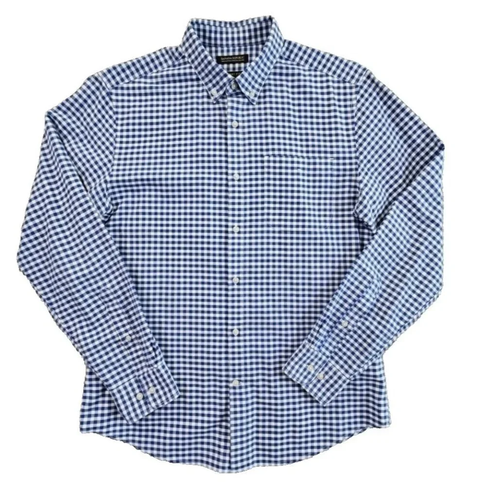 Banana Republic Grant Fit Shirt Men's‎ M Blue Check Stretch Oxford Button Up EUC